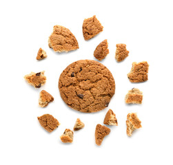 Delicious oatmeal cookie with chocolate chips on white background