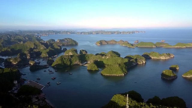 Fantastic View Quiet Bay with Cliff Islands and Sunset Sky