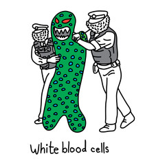 metaphor function of white blood cell to protect the body against both infectious disease and foreign invaders vector illustration sketch hand drawn with black lines. Education Medical concept.
