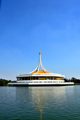 Beautiful pavilion on water has blue sky background public parkland Suan Luang R.9 in Bangkok Thailand