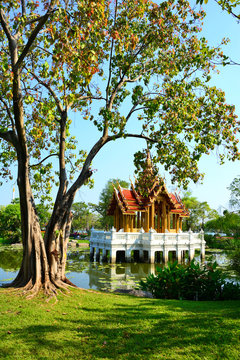 Beautiful pavilion Thai style temple on water has a tree and  garden  front in  public parkland Suan Luang R.9 in Bangkok Thailand