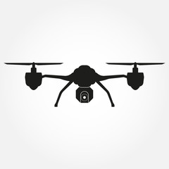 Drone icon. Quadcopter black silhouette with camera. Vector illustration.