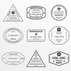Obraz premium Passport stamp set. International Airport visa and custom stamps. Vector illustration.