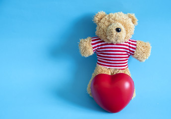 Little teddy bear , a valentine's gift for lover isolated on light blue background