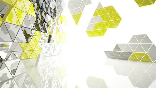 Abstract interior next to the walls and ceiling of an array of yellow and black prisms. Night view from the backlight. Architectural background. 3D animation and rendering 