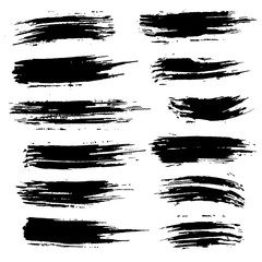 Grunge ink brush strokes set. Freehand black brushes. Handdrawn dry brush black smears. Modern vector illustration.