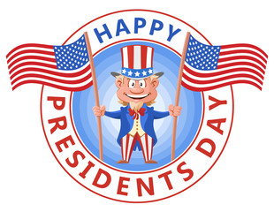 Happy presidents day. Cartoon Uncle Sam holding American flags. Vector illustration. Elements is grouped. No gradient, no transparent objects.