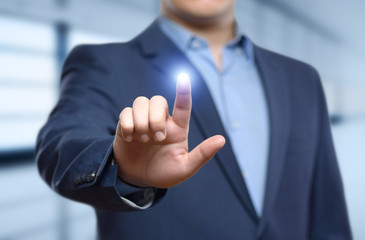 Businessman pressing button. Innovation technology internet business concept. Space for text