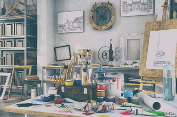 Künstlerische Ausstattung im Atelier mit einem Tisch voller Farben und Pinsel, im Hintergrund Gemälte, Regale und einer Staffelei aus Holz -  Retro Look