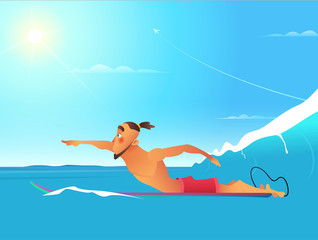 Surfer starting swimming before standing on the board. Surfer in the sea or ocean. concept illustration