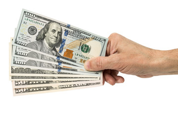 hand holding money dollars,  isolated on white background