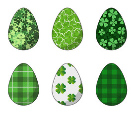 Happy Easter.Set of Easter eggs with a texture of the leaves of the clover on a white background.Spring holiday. Vector Illustration.Happy easter eggs.