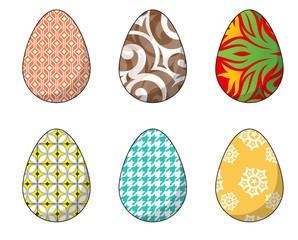 Happy Easter.Set of Easter eggs with different texture on a white background.Spring holiday. Vector Illustration.Happy easter eggs