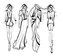 Stylish fashion models. Pretty young girls. Fashion girls Sketch