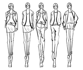 Stylish fashion models. Pretty young girls. Fashion girls Sketch