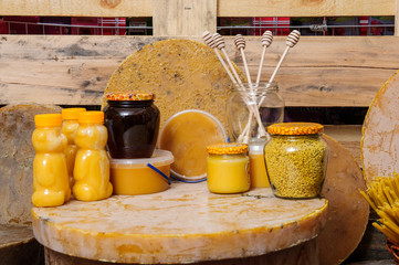 Various bee products - honey, honey with wax and propolis. Products of livelihoods of bees. Wax....