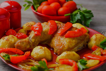 chicken with vegetables,chicken leg with vegetables,bakedfried chicken.