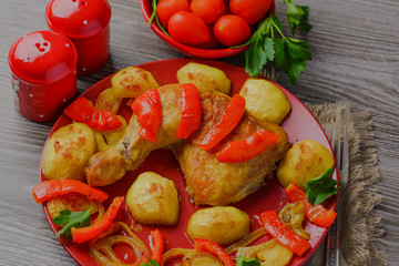 chicken with vegetables,chicken leg with vegetables,bakedfried chicken.