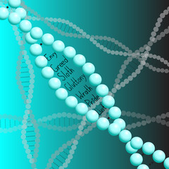 a DNA molecule into which seven deadly sins are inscribed on a blue background, a combination of medicine and religion