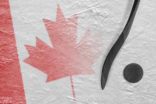 Canadian flag image and hockey stick with puck