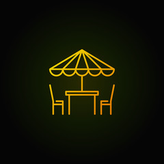 Street cafe yellow icon. Vector table with umbrella symbol
