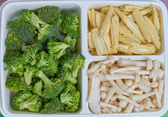 corn mushroom broccoli cut in box ready for cook such as soup fried salad