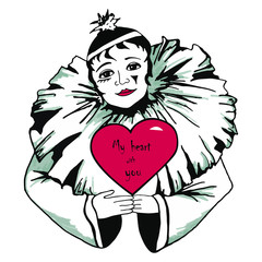 My heart with you. Hand drawn pierrot with red heart. Isolated on white background. Vector. World kissing day, Valentine's day, mother's day, love you card, thank you card, birthday card.