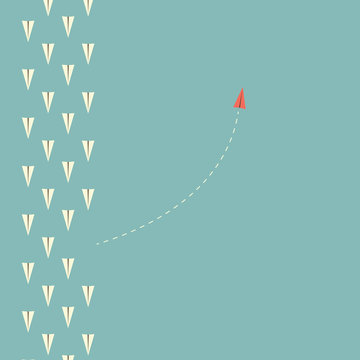 Minimalist stile red airplane changing direction and white ones. New idea, change, trend, courage, creative solution,business, innovation and unique way concept.