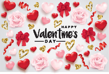 Happy Valentine's Day poster with 3D hearts, roses and ribbons - obrazy, fototapety, plakaty