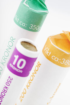 Studio shot of packed&Acirc;&nbsp;Swedish kronor coins