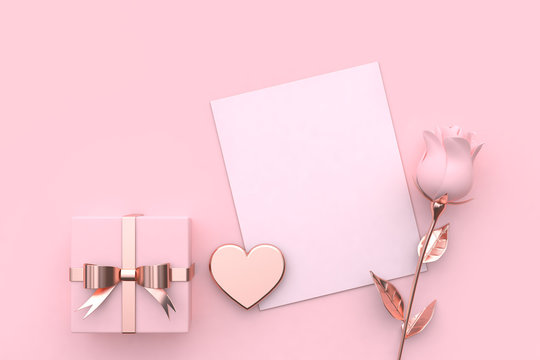love valentine concept 3d rendering blank paper card gift box rose heart 