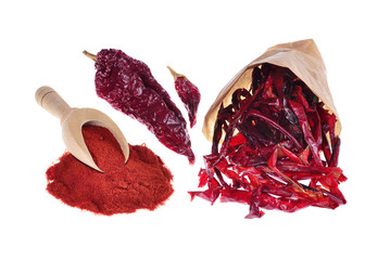 Fototapeta premium red pepper ground, dry red hot chili peppers on an isolated white background