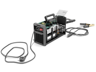 Modern inverter welding machine black disassembled 3d render on white background