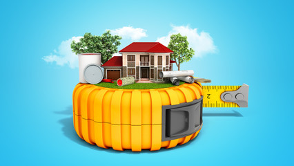 concept of building design house with drawings and tools is on tape 3d render on blue