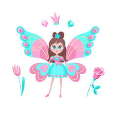 Little magic elf. Beautiful girl with butterfly wings. Vector illustration. Isolated on a white background.