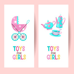 Toys for girls. Vector clipart. Toy stroller. A set of toy dishes for tea and coffee. Isolated on a white background.