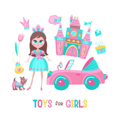 Toys for girls. Set of vector cliparts
