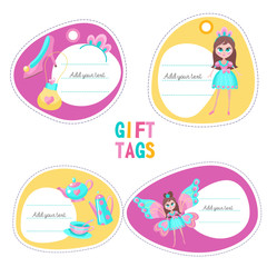Tags, labels with place for text. Beautiful girl elf with butterfly wings. Toy tea set. Accessories for girls.