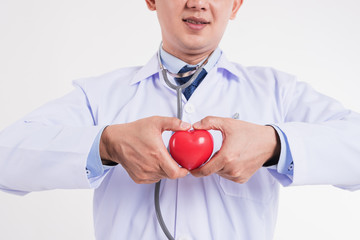 Cardiology doctor  holding heart with stethoscope on white background, Healthcare and Medical concept