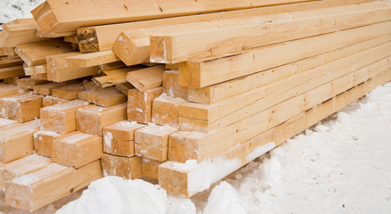 Wooden beam for construction on snow