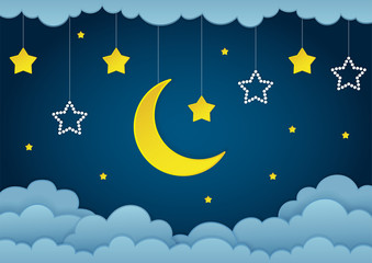 Obraz na płótnie Canvas Half moon, stars and clouds on the dark night sky background. Paper art. Garland with stars. Vector Illustration.