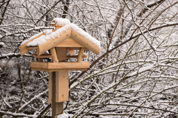 A wooden bird feeding house covered with snow