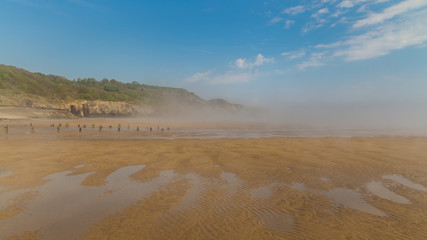 Fototapeta na wymiar Wooden stakes on a foggy beach, seen at Sandsend Beach near Whitby, North Yorkshire, UK