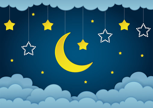 Half moon, stars and clouds on the dark night sky background. Paper art. Garland with stars. Vector Illustration.