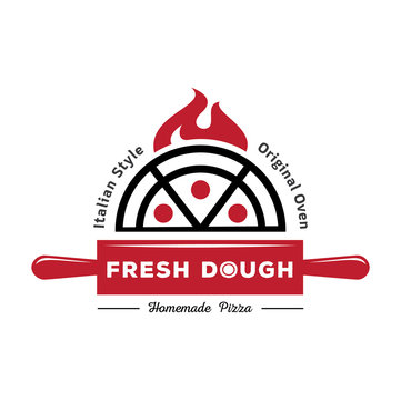 fresh dough pizza logo with red rolling pin