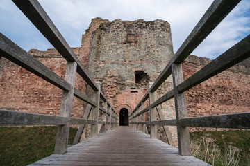 Tantallon Castle, a semi-ruined mid-14th-century fortress, near North Berwick, in East Lothian,...
