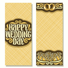 Vector invitations for Wedding with copy space, pair of golden shiny engagement rings and bouquet of gold roses, art sign with original vintage font for text happy wedding day on abstract background.