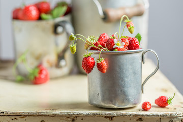 Ripe wild strawberries on the old white chair
