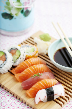 Sushi on wooden tray