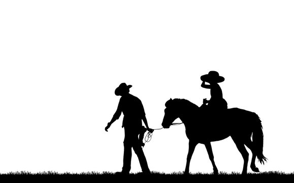  silhouette cowboy and girl riding a horse on white background.